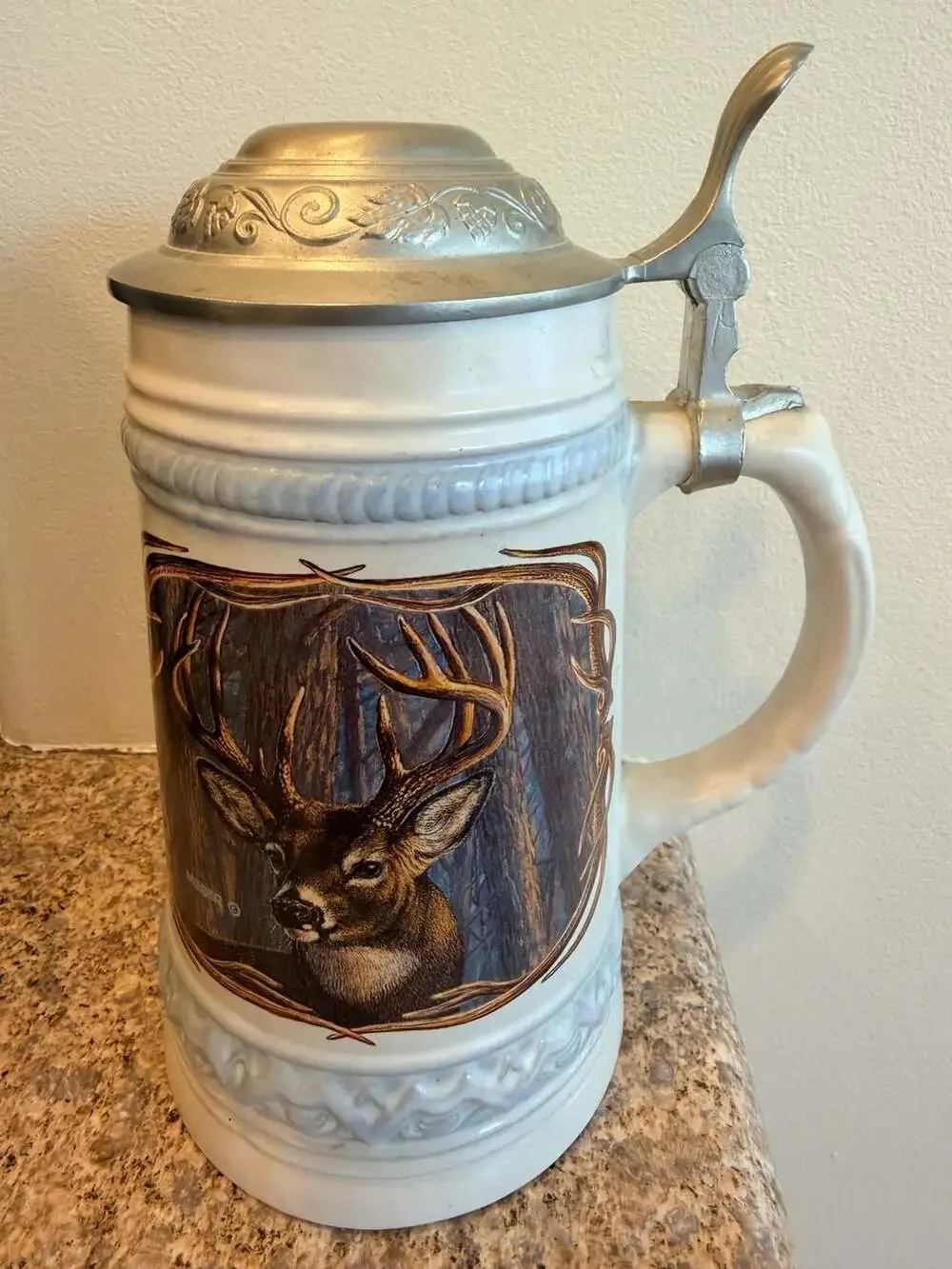James Meger White Tail Deer II Stein Gerz Germany Pewter Lid